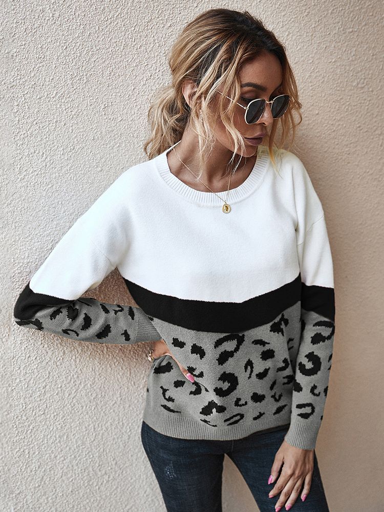 Ladies Leopard Patchwork Autumn Winter Sweater Women Tops Full Sleeve Knitted Jumper Pullovers Sweaters Female Pull Knitwear