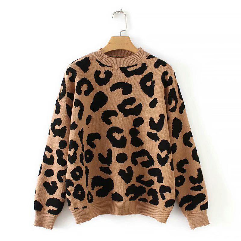 Tangada women leopard knitted sweater winter animal print thick long sleeve female pullovers casual tops 2X05