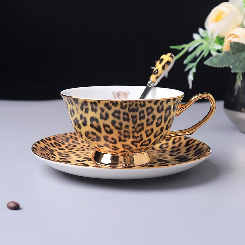 European High-Grade Bone China Coffee Mug Set Leopard Print  Ceramic Afternoon Tea Cup Water Pot Home Drinkware