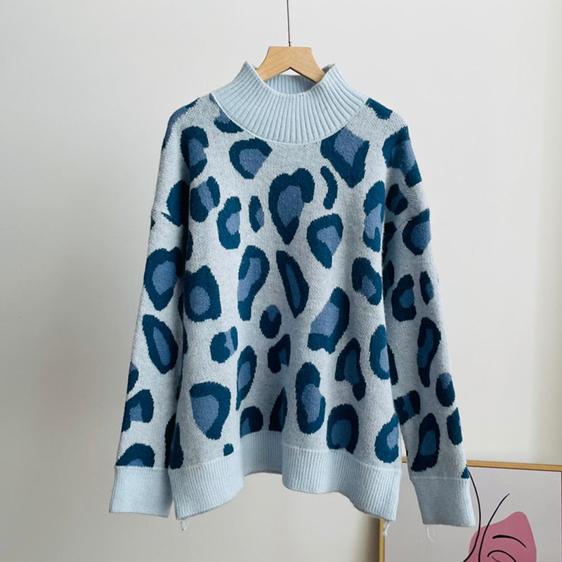 Hirsionsan Leopard Patchwork Cashmere Sweater Women Loose Casual Knitted Pullovers Autumn Soft Knitwear Female Retro Jumper