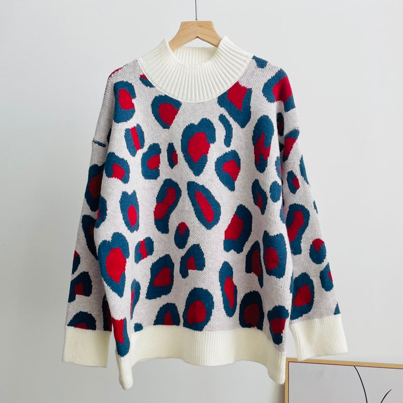 Hirsionsan Leopard Patchwork Cashmere Sweater Women Loose Casual Knitted Pullovers Autumn Soft Knitwear Female Retro Jumper