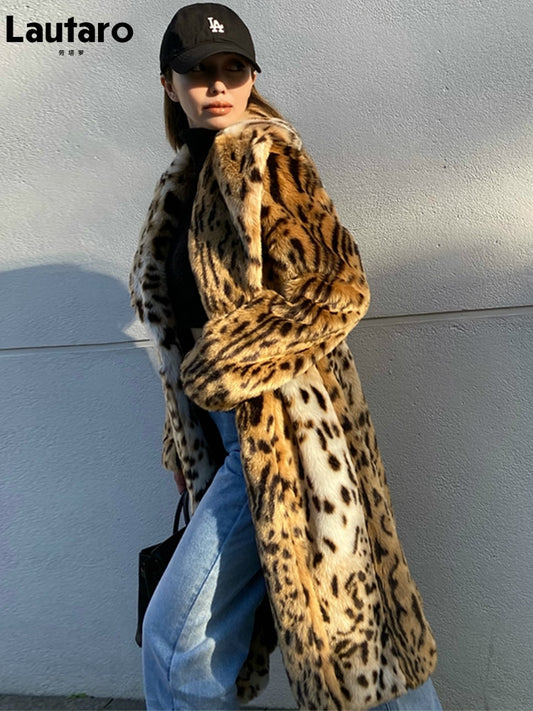 Lautaro Winter Long Warm Thick Leopard Fluffy Faux Fur Coat Women Tiger Print Runway Loose Luxury Designer Clothing Women 2022